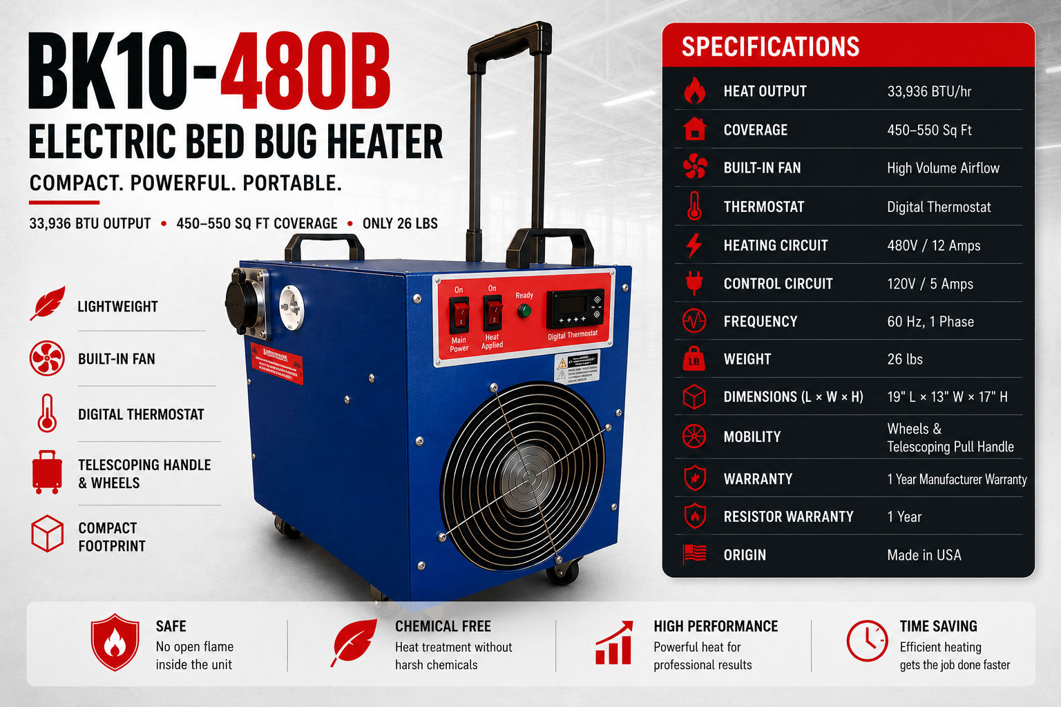 BK-10-480B electric heater specification graphic.