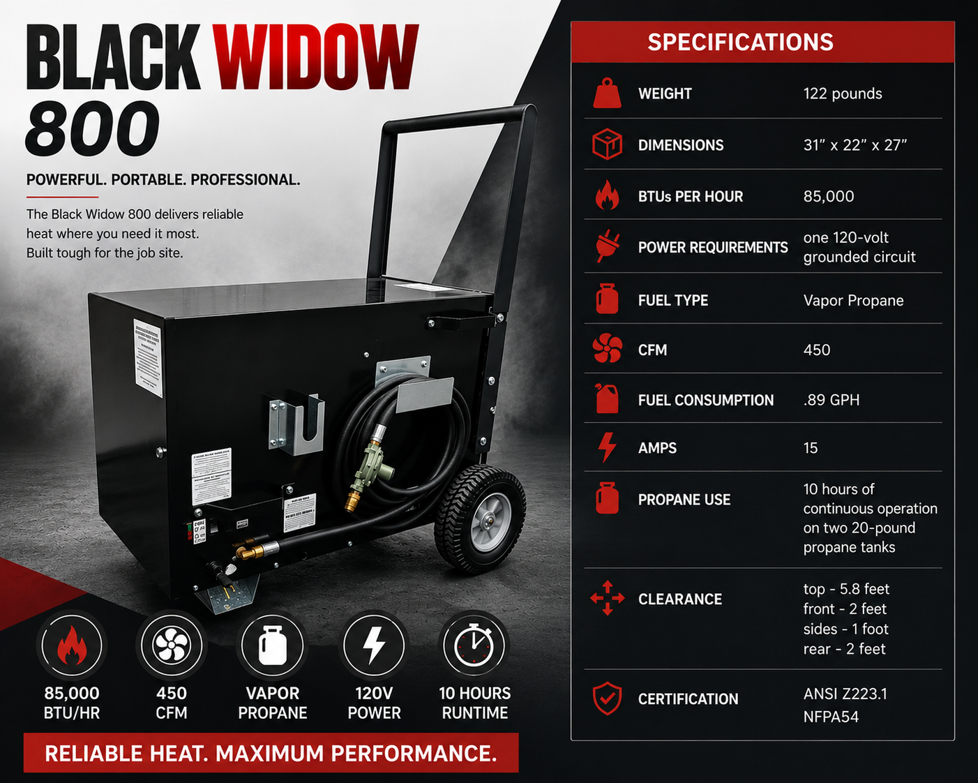 Black Widow 800 propane heater specification graphic.