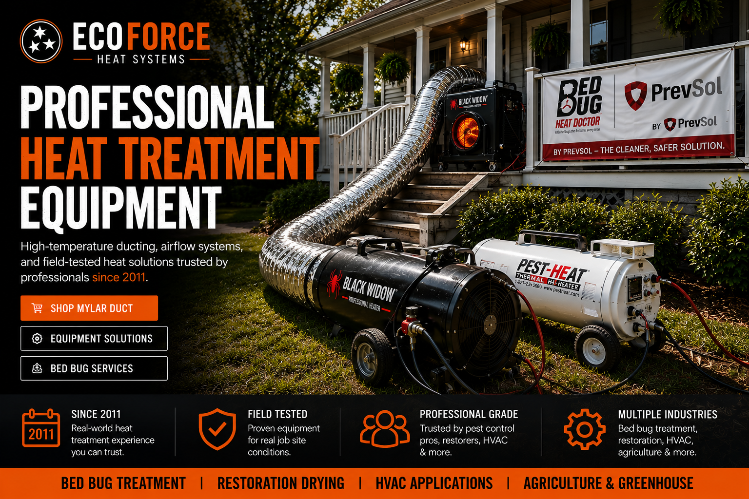 EcoForce Heat Systems hero graphic showing professional heat treatment equipment and airflow systems.