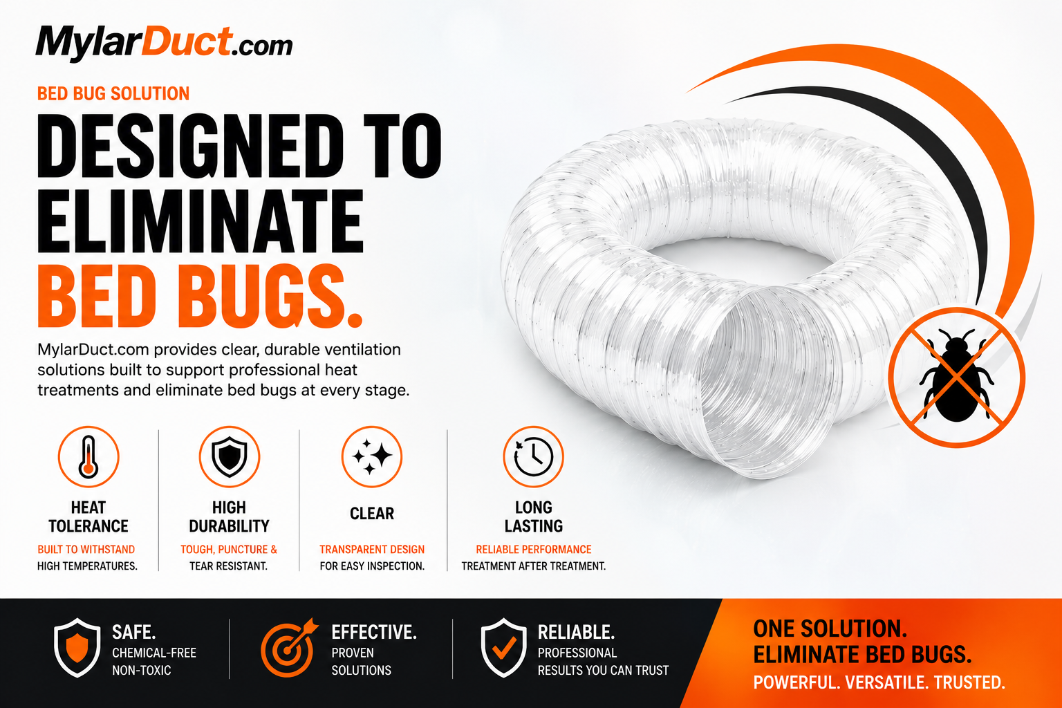 Mylar Duct promotional graphic showing the duct product and key durability and heat-tolerance benefits.